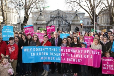 17.2.15 CHILDREN AND FAMILY BILL MUST GIVE PREFERENCE TO MOTHERHOOD AND FATHERHOOD. Mothers and Fathers Matter group held a lunchtime gathering today (17.2.15) outside the Dail as the Children and Family relationships (CFR) Bill was presented to Cabinet. While there are good aspects to the Bill (improved guardianship rights for unmarried fathers for example) Mothers and Fathers Matter group believe it must be radically amended to give preference to motherhood and fatherhood in our adoption law and also in laws concerning IVF and other forms of Assisted Human Reproduction (AHR). Pic shows Mothers and Fathers Matter group gathering outside the Dail today (17.2.15) as the Children and Family Relationships Bill is presented to Cabinet. Pic John Mc Elroy. NO REPRO FEE. Further info: Prof Ray Kinsella 086-1070629 or Keith Mills 087-2918499.